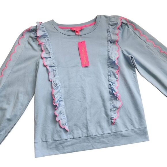 Lilly Pulitzer Suzy Scalloped Sweatshirt Womens Small Oversized Ruffled Blue Pin - Picture 2 of 7
